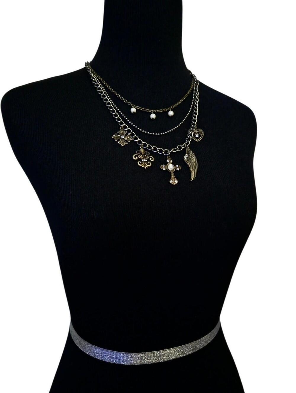 Cookie Lee Silver Tone Multi Layer Charm Necklace Cross Wing Pearls Chain, EUC